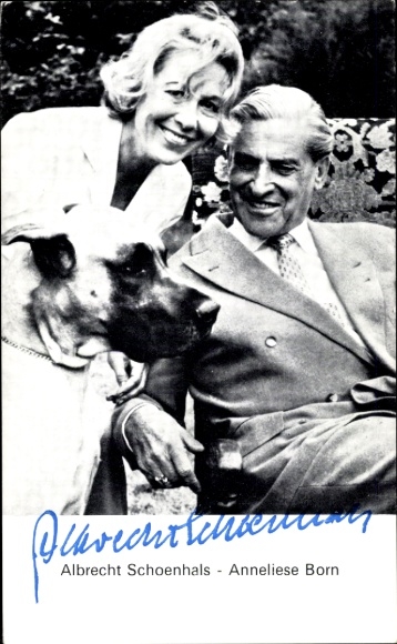 Postcard actor Albrecht Schoenhals, actress Anneliese Born, Great Dane, portrait, autograph