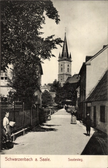 Ak Schwarzenbach an der Saale Oberfranken, Saalesteg, Kirche