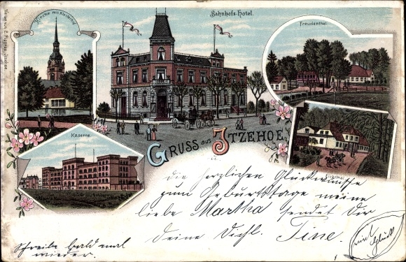 Litho Itzehoe in Schleswig Holstein, Kirche, Kaserne, Bahnhofshotel, Freudenthal, Eichthal