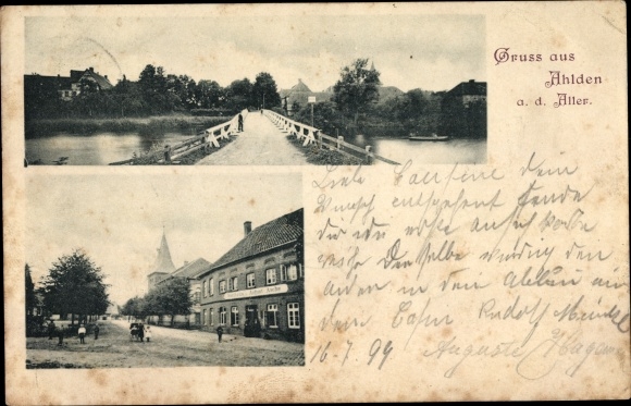 Postcard Ahlden Aller, bridge, inn August Asche