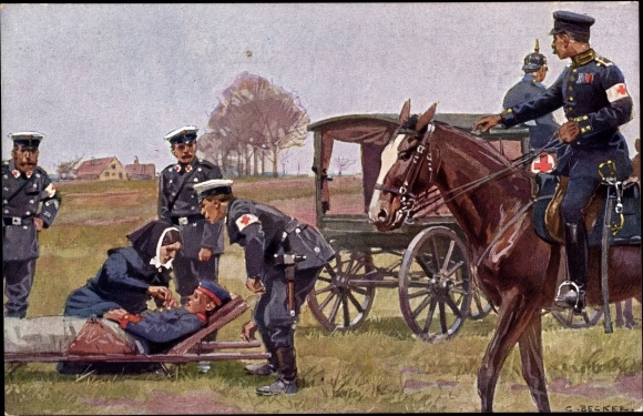 Artist PC Becker, Carl, Red Cross, medic, wounded soldier on a stretcher