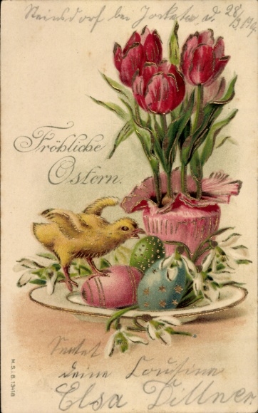 Glitter Postcard Happy Easter, chicks, Easter eggs, tulips