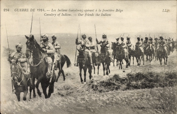 Picture of Indian cavalry on the Belgian border, battlefield WWI, 1914