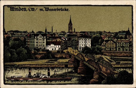 Steindruck Ak Minden in Westfalen, Weserbrücke