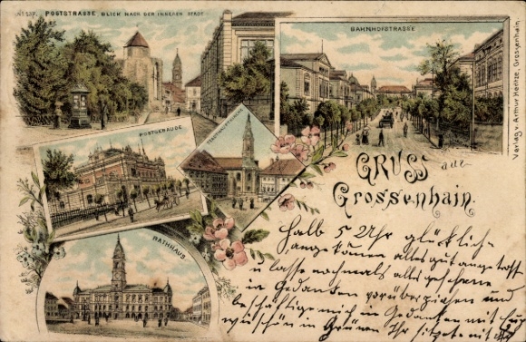 litho Großenhain in Saksen, Poststrasse, stadhuis, postkantoorgebouw, Bahnhofstrasse, belangrijkste stadskerk