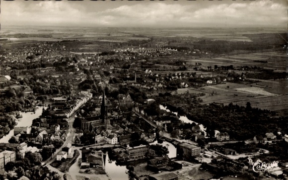 Postcard Buxtehude in Lower Saxony, aerial view of cityscape, rivers, church, rural surroundings