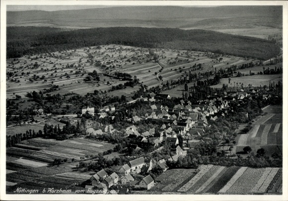 Postcard Nöttingen Pforzheim in the Black Forest, aerial view, idyllic landscape, villages, fields, mountains