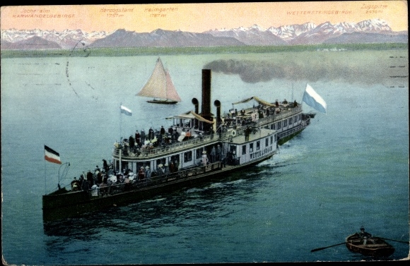 Postcard saloon steamer Wittelsbach on Lake Starnberg, flags