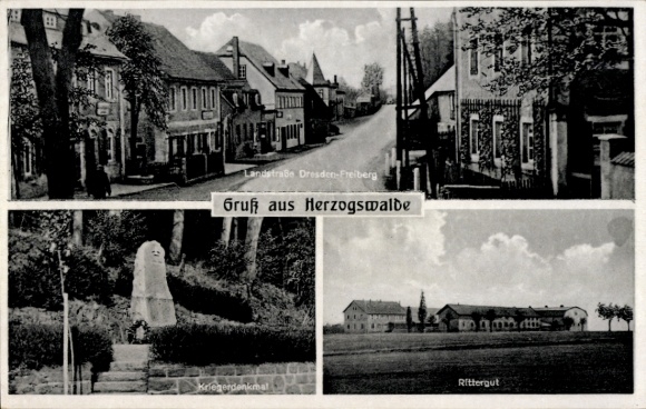 Postcard Herzogswalde Wilsdruff Saxony, country road Dresden-Freiberg, war memorial, manor