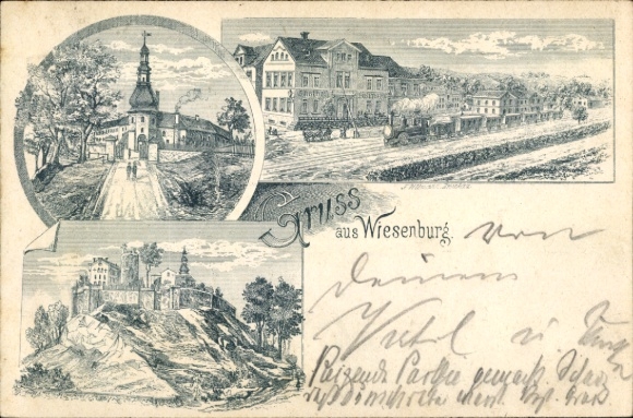 litho Wiesenburg Wildenfels in het Erzgebirge, kasteel, herberg, treinstation