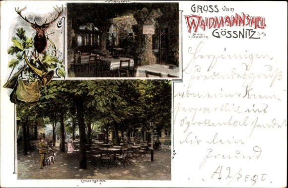 Ak Gößnitz in Thüringen, Gasthaus Waidmannsheil, Gartenpartie, Innenansicht