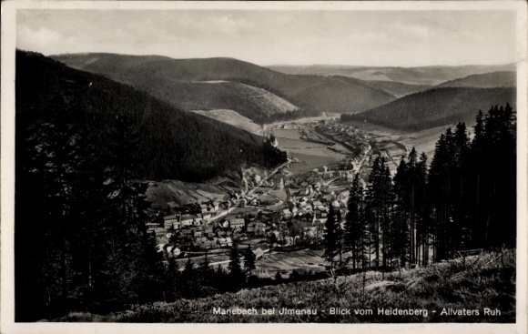 Ak Manebach Ilmenau, uitzicht op de stad vanaf Heidenberg, Allfather's Rest