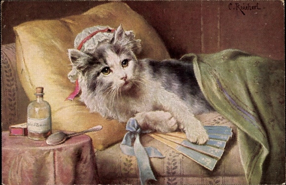 Künstler Ak Reichert, C., vermenschlichte Katze mit Haube und Fächer