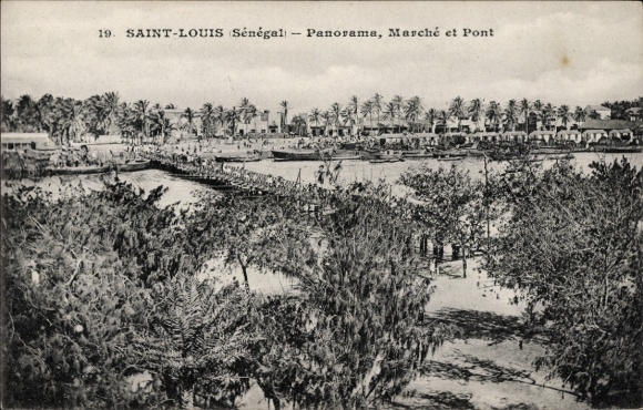 Ak Saint Louis Senegal, Panorama von Saint-Louis, Markt, Brücke, Palmen