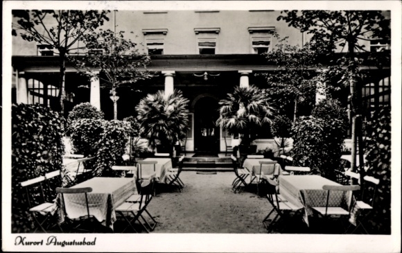 Postcard Augustusbad Radeberg in Saxony, spa garden with tables and chairs, green