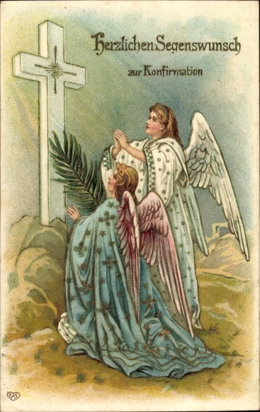 Embossed PC congratulations confirmation, praying angels, cross