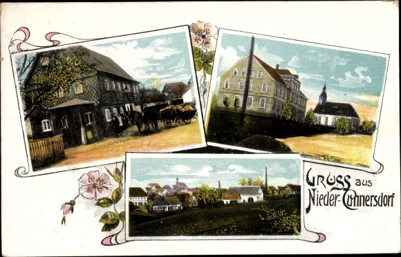 Ansichtkaart Niedercunnersdorf Kottmar in Oberlausitz, gedeeltelijk uitzicht, gebouwen, kerk