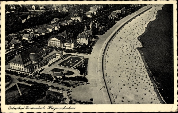 PC Travemünde Lübeck Schleswig Holstein, aerial photograph of the beach and the Kurhaus