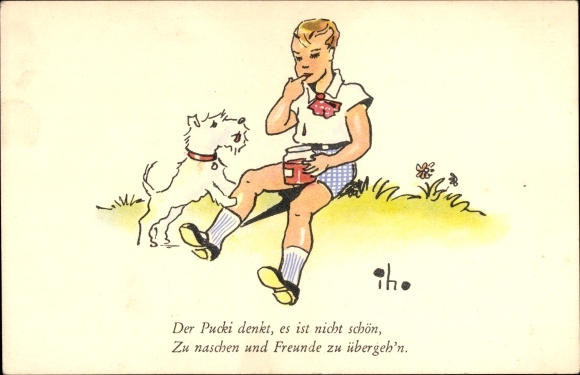 Artist Postcard Child eats jam, Terrier, Pucki thinks it is not nice...