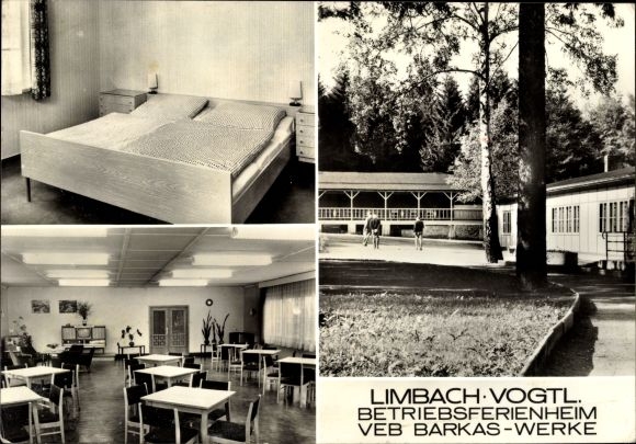 Postcard Limbach im Vogtland, company holiday home VEB Barkas-Werke, bedroom, dining room, courtyard view