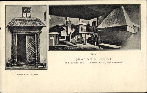 Postcard Kreuztal in Westphalia, Junkernhees Castle in the Heestal, front door with coat of arms, kitchen