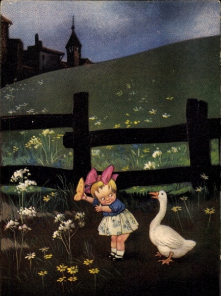 Artist Postcard Colombo, E., Girl with a Goose