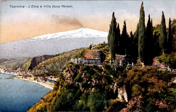 Postcard Taormina Sicilia, view to Etna with Villa Duca Nelson
