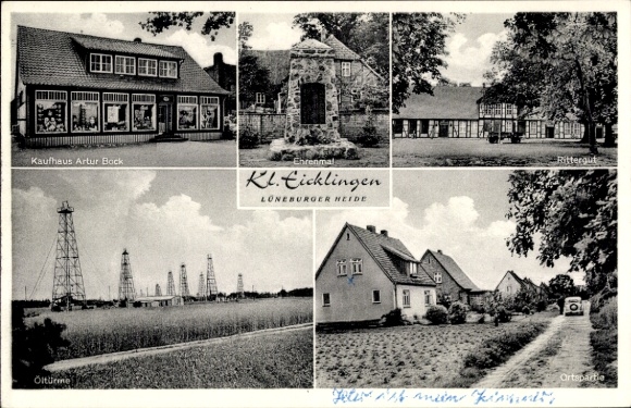 Postcard Klein Eicklingen in Lower Saxony, Artur Bock department store, memorial, manor, oil drilling rigs