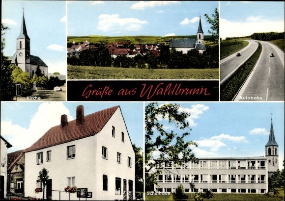 Postcard Waldbrunn, long shot, church, highway, school building, restaurant Grocery Uehlein