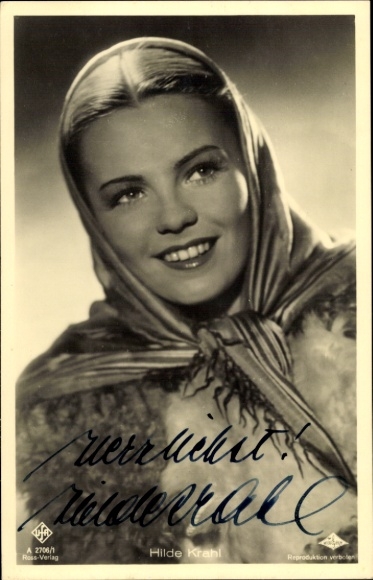 Ak Schauspielerin Hilde Krahl, Portrait, Kopftuch, Autogramm