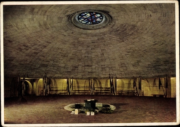 Postcard Laboe, marine memorial, consecration hall with seaman&#39;s grave, traditional flags