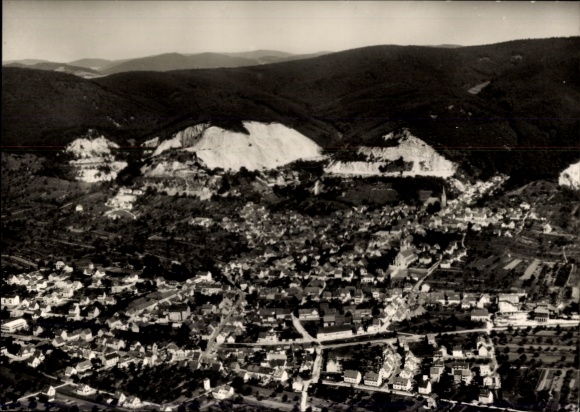 Postcard Dossenheim an der Bergstraße Baden, aerial photograph of Dossenheim, mountains, residential areas, 1950s