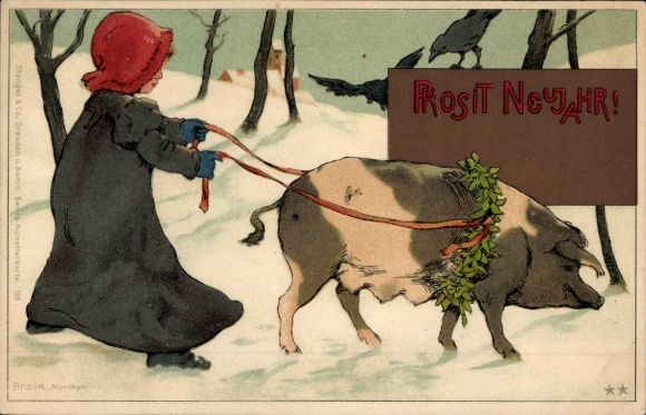 Chromo-Litho Happy New Year, girl has a pig on a leash