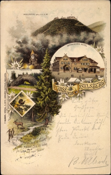 Litho Brotterode Trusetal in Thüringen, Inselsberg, Gothaisches Hotel, Torstein