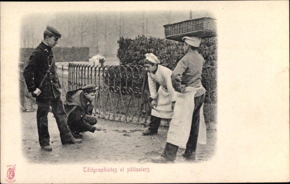Postcard city types Paris, telegraphistes et patissiers, telegram messengers and baker&#39;s apprentices, marble game