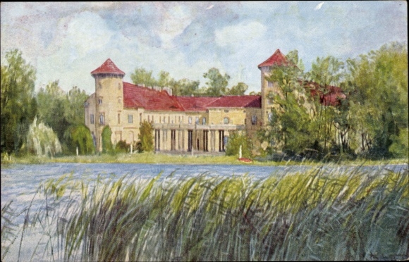 Postcard Rheinsberg in der Mark, castle building, water landscape, trees, sky