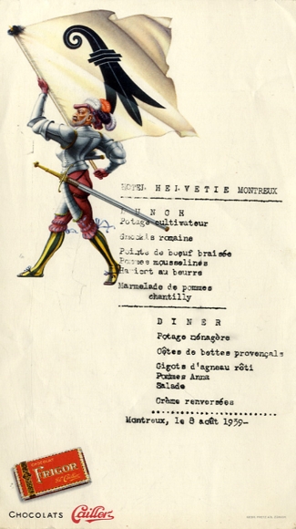 Menükarte, F.L. Caillers, Swiss Milk Chocolate,, 8. August 1939