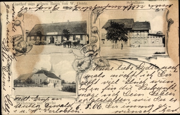 Postcard Wildberg in Western Pomerania, inn at the green tree, schoolhouse, village street with church