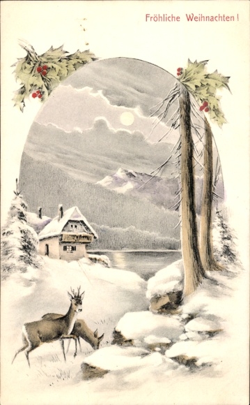 Ak Glückwunsch Weihnachten, Hirsch, Reh, Wohnhaus, Stechpalme