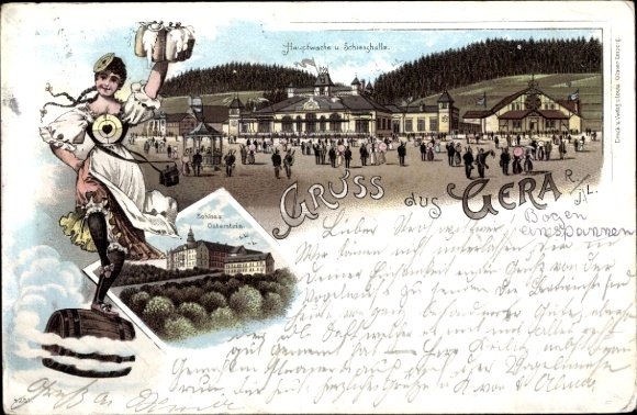 Chromo-Litho Gera Thuringia, main guard and shooting hall, Osterstein Castle, shooting festival