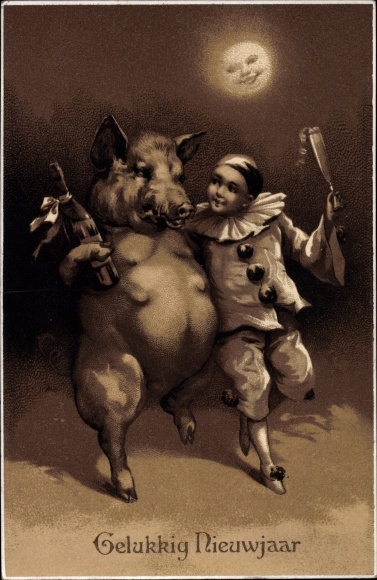 PC Happy New Year, Pierrot with pig and champagne
