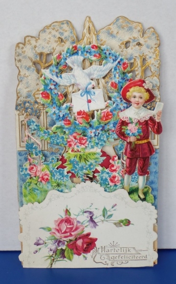 Backdrop card 3D wafer standee, congratulations, boy with letter, wreath of flowers, dove