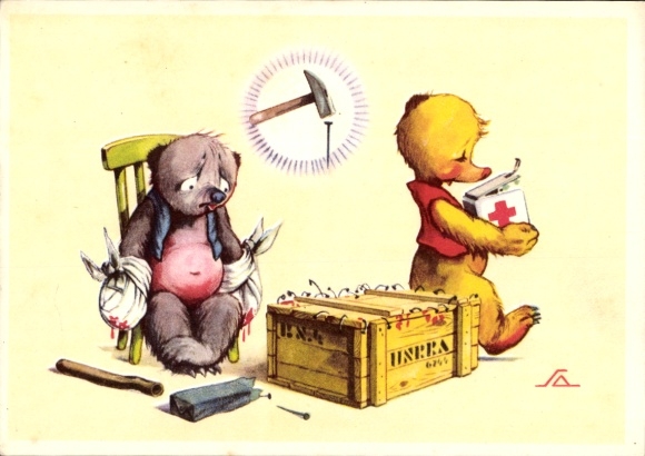Artist Postcard Bear with bandaged arm sitting on chair, hammer, nail