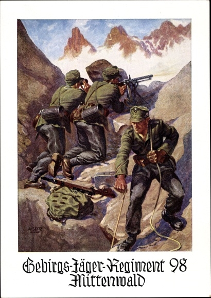 Künstler Ak Seitz, Mittenwald in Oberbayern, Gebirgsjäger Regiment 98, Wehrmacht