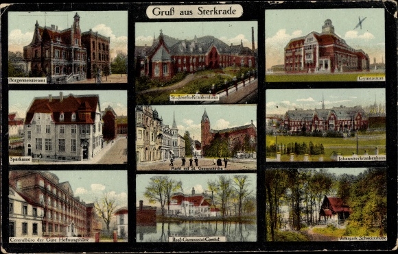 Postcard Sterkrade Oberhausen in the Ruhr area, mayor&#39;s office, savings bank, high school, hospital