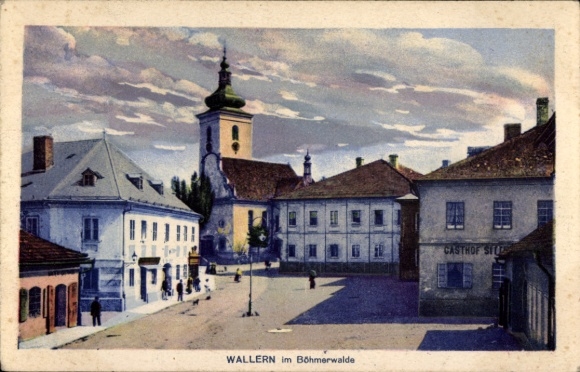 Ak Volary Wallern Südböhmen, Straßenpartie, Kirche, Gasthof