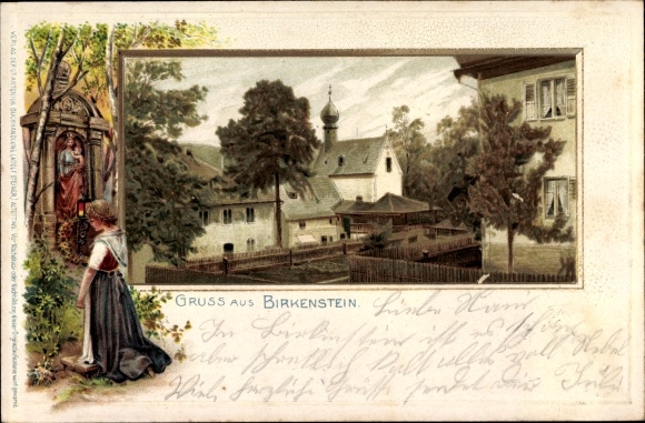 Chromo-Litho Birkenstein Fischbachau in Upper Bavaria, partial view, church, miraculous image