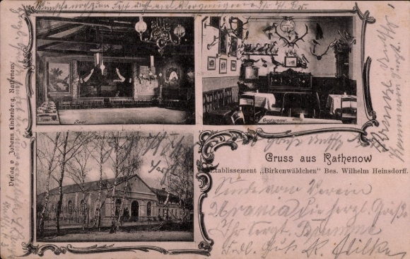 Ak Rathenow in Havelland, ansichtkaart met interieurs, café, jachttrofeeën, 'Birch grove'
