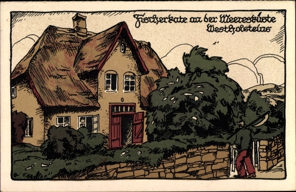 litografia KP Szlezwik-Holsztyn, Fischerkate na wybrzeżu zachodniego Holsztynu