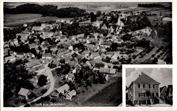Postcard Jedesheim Illertissen in Swabia, aerial photograph, grocery store Jos. Beer
